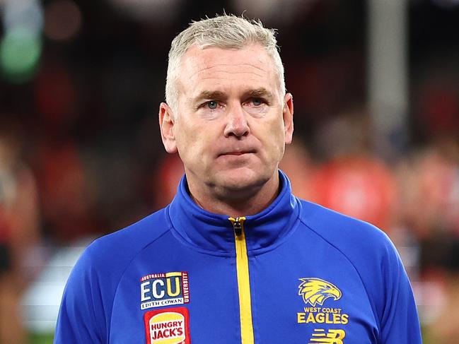 MELBOURNE, AUSTRALIA - AUGUST 05: West Coast Eagles Head Coach Adam Simpson looks on following the round 21 AFL match between Essendon Bombers and West Coast Eagles at Marvel Stadium on August 05, 2023 in Melbourne, Australia. (Photo by Graham Denholm/AFL Photos via Getty Images)