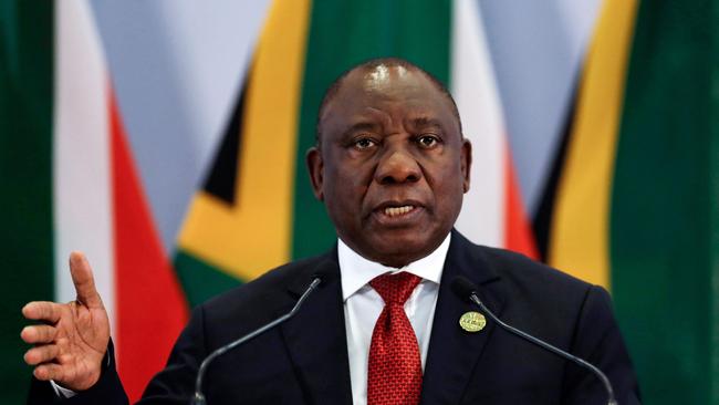 South African President Cyril Ramaphosa addresses a media conference at the end of the BRICS Summit in Johannesburg on  July 27, 2018, as the heads of the BRICS group -- Brazil, Russia, India, China and South Africa -- met in Johannesburg for an annual summit dominated by the risk of a US-led trade war. Five of the biggest emerging economies on July 26, stood by the multilateral system and vowed to strengthen economic cooperation in the face of US tariff threats and unilateralism.  / AFP PHOTO / POOL / Themba Hadebe