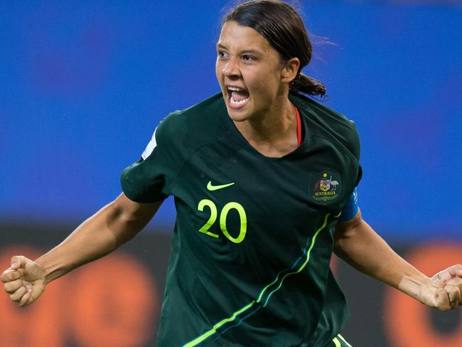 GRENOBLE, FRANCE - JUNE 18: Sam Kerr of Australia celebrates scoring her side's and her own fourth goal during the 2019 FIFA Women's World Cup France group C match between Jamaica and Australia at Stade des Alpes on June 18, 2019 in Grenoble, France. (Photo by Craig Mercer/MB Media/Getty Images)