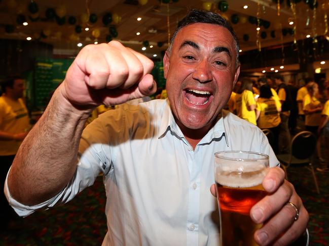 NSW National Leader John Barilaro celebrates with a beer after retaining the seat of Monaro. Picture: Kym Smith