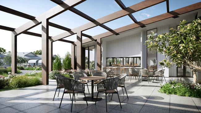 Render showing the outdoor dining area of the Northern Beaches Lifestyle Estate clubhouse. Picture: Lincoln Place.