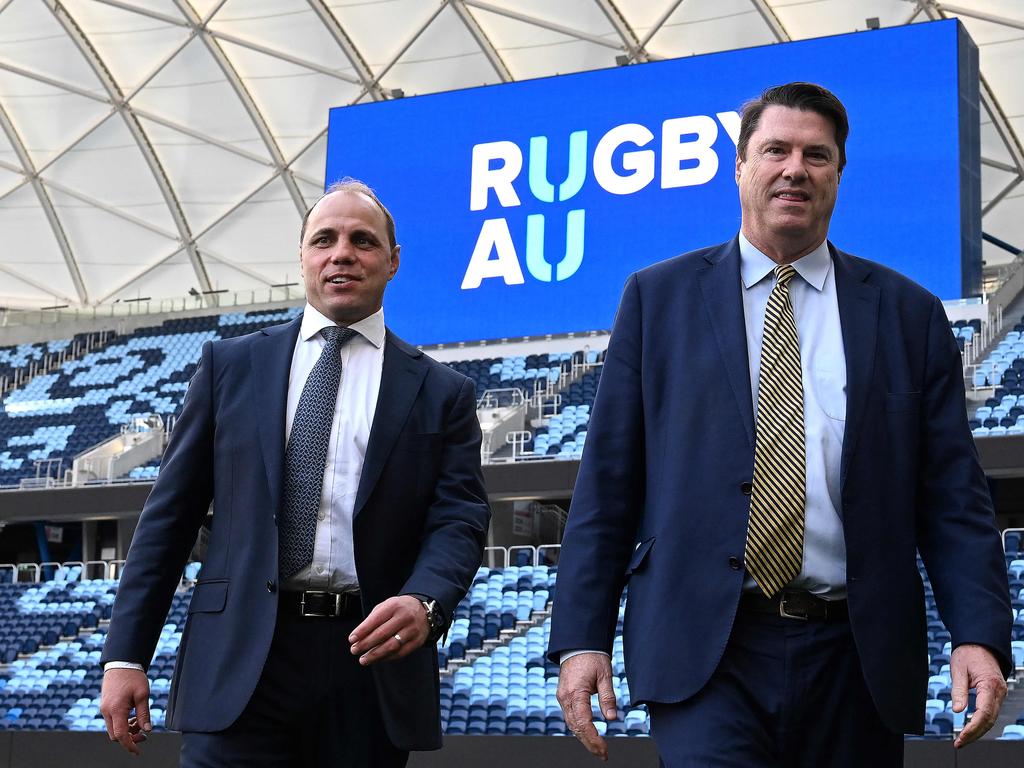 Rugby Australia bosses Phil Waugh (L) and Hamish McLennan. Picture: Saeed Khan/AFP