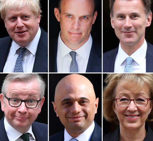 The six main contenders to replace Mrs May are (top, from left) former foreign secretary Boris Johnson; former Brexit secretary Dominic Raab; foreign secretary Jeremy Hunt; (bottom, from left) environment secretary Michael Gove; home secretary Sajid Javid and former Leader of the House of Commons Angela Leadsom. Picture: STF