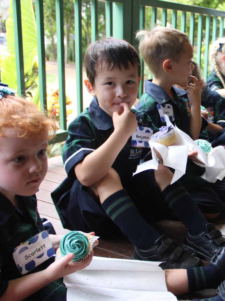 Scarlett, Benjamin and Harry enjoyed some cupcakes to start their first day of school at St Luke's Anglican School.