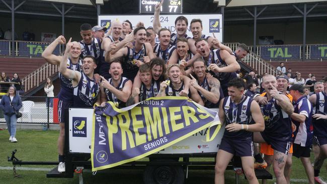 Edithvale-Aspendale players celebrate their premiership victory. Picture: Valeriu Campan