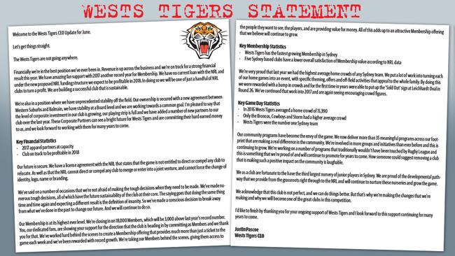 The letter from CEO Justin Pascoe to Wests Tigers fans.