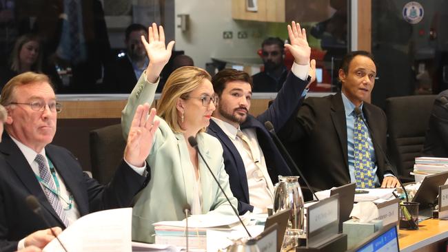 Action in the Gold Coast City Council Chambers for council budget day 2022. Cr Peter Young, Brooke Patterson, Ryan Bayldon-Lumsden, Bob La Castra, Glenn Tozer and Darren Taylor. Picture Glenn Hampson.