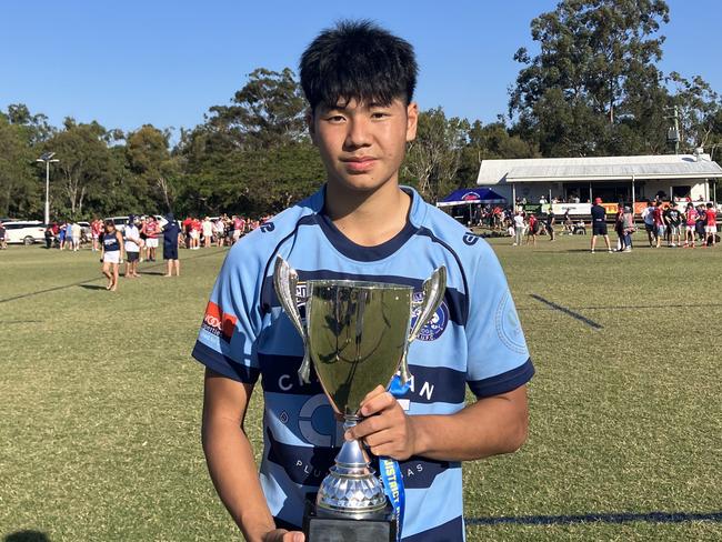 Under-16 Helensvale Hogs Blue player Kobi Nouanrasy after his side's under-16 GCDRU grand final win. Picture: Mitch Bourke.