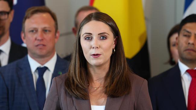 Minister for Housing and Local Government Meaghan Scanlon flanked by Premier Steven Miles to her left: “I may need to consider whether it is appropriate for (Cr Bayldon-Lumsden) to be suspended further.” Picture: NCA NewsWire/Tertius Pickard