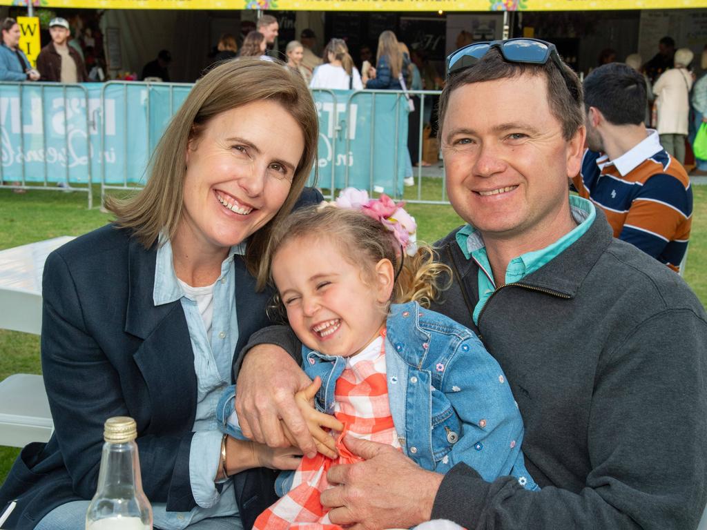 (From left) Stacey, Elsie and Tim Hartshorn. Toowoomba Carnival of Flowers Festival of Food and Wine. Friday, September 13, 2024. Picture: Nev Madsen