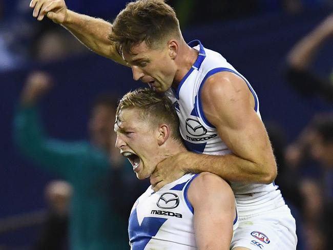 Jack Ziebell celebrates with matchwinner with Shaun Atley. Picture: Getty Images