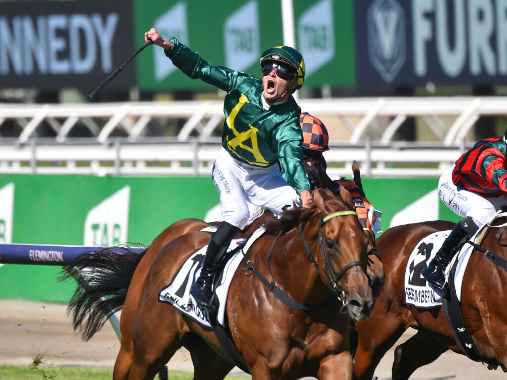 Roch 'N' Horse (NZ) ridden by Patrick Moloney wins the Yulong Stud Newmarket Handicap at Flemington Racecourse on March 12, 2022 in Flemington, Australia. (Reg Ryan/Racing Photos via Getty Images)