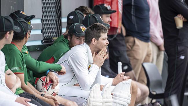 Tim Paine with teammates at Lindisfarne while waiting to bat. Picture: Eddie Safarik