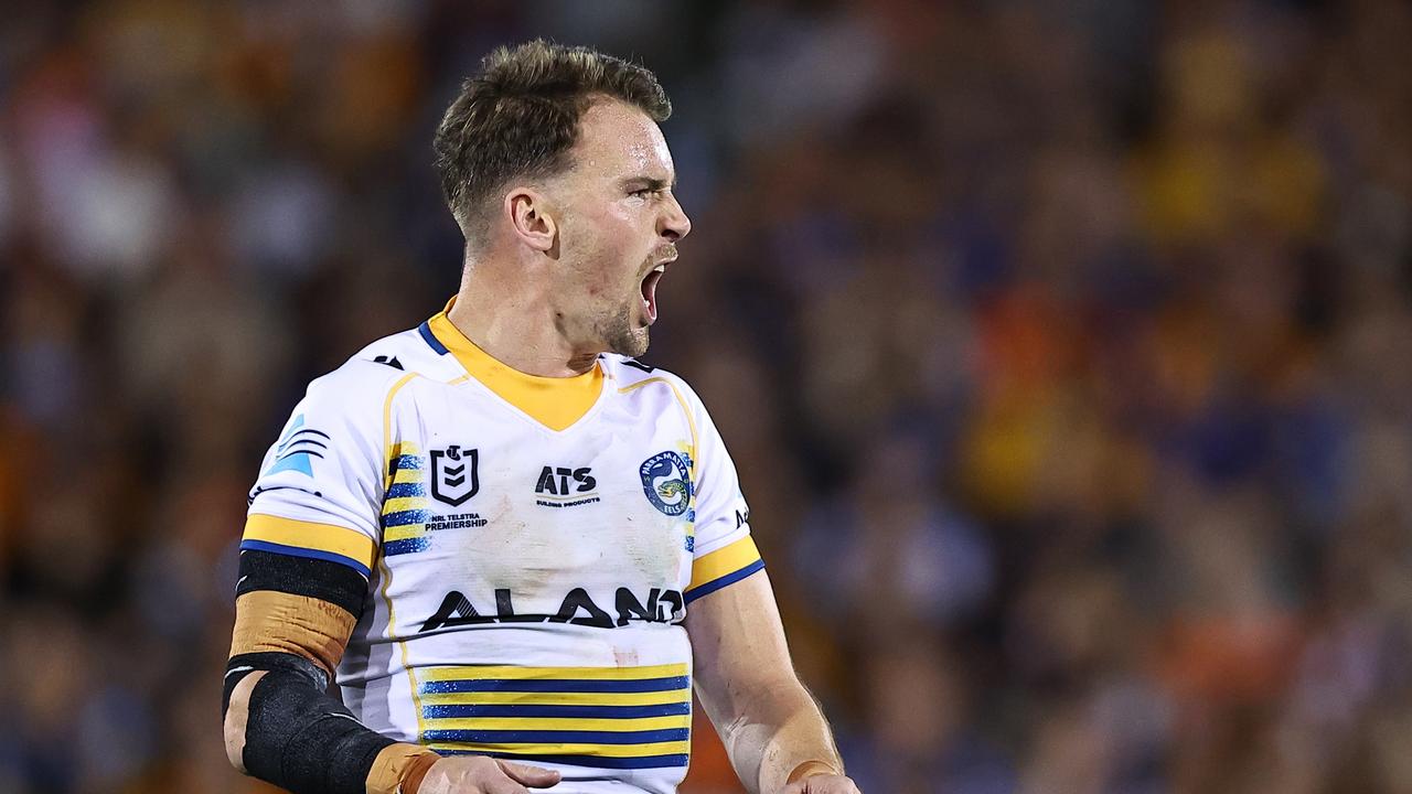 SYDNEY, AUSTRALIA - SEPTEMBER 06: Clint Gutherson of the Eels reacts during the round 27 NRL match between Wests Tigers and Parramatta Eels at Campbelltown Stadium, on September 06, 2024, in Sydney, Australia. (Photo by Jeremy Ng/Getty Images)