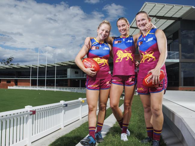 Brisbane Lions AFLW players Bella Dawes, Natalie Grider, and Shannon Campbell at their new Springfield training base, Brighton Homes Arena. Picture Lachie Millard