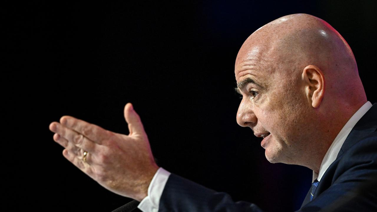 FIFA President Gianni Infantino speaks during a press conference at the Qatar National Convention Center (QNCC) in Doha on November 19, 2022, ahead of the Qatar 2022 World Cup football tournament. - Infantino hit back at Western critics of Qatar's human rights record at his opening press conference of the World Cup on November 19, blasting their "hypocrisy". (Photo by FABRICE COFFRINI / AFP)