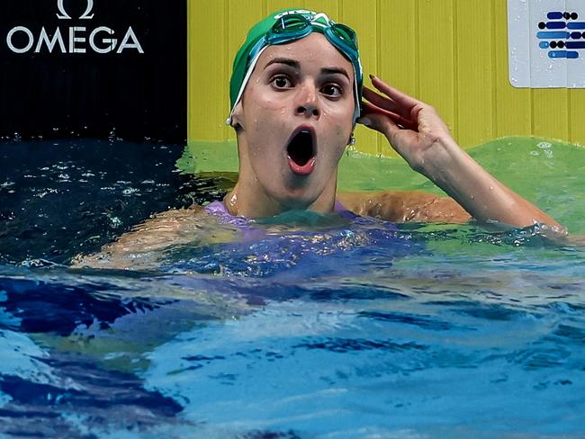 Kaylee McKeown reacts after winning and breaking the women's 50m backstroke world record. Picture: Getty Images