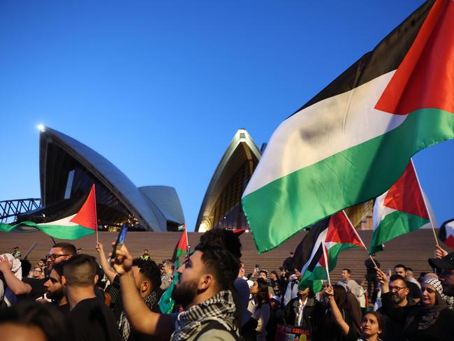 DAILY TELEGRAPH OCTOBER 9, 2023Pro-Palestine supporters are rallying at Sydney Town Hall as the conflict between Israel and Palestinians escalates. They marched form Town Hall to the Sydney Opera House. Picture: David Swift