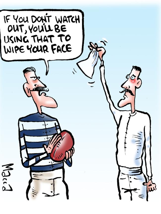 Before umpires used whistles. Cartoon: Macca