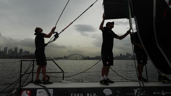 Crew aboard Scallywag during training on Sydney Harbour ahead of the 2018 Sydney Hobart Yacht Race. Picture: Brett Costello