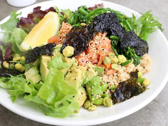 Pane e Cipolla’s Japanese brown rice bowl with wasabi peas, edamame, sesame, nori, broccolini, salmon and avocado. Picture: Jenifer Jagielski