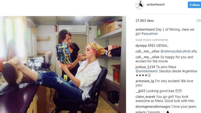 Amber Heard in the make up chair