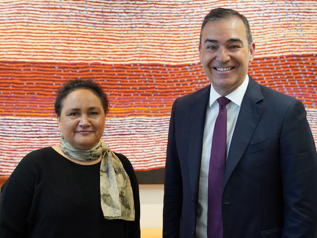 Lee-Ann Tjunypa Buckskin, the Aboriginal Art and Cultures Centre's newly appointed assistant director of program and strategy, with Premier Steven Marshall. Picture: Supplied