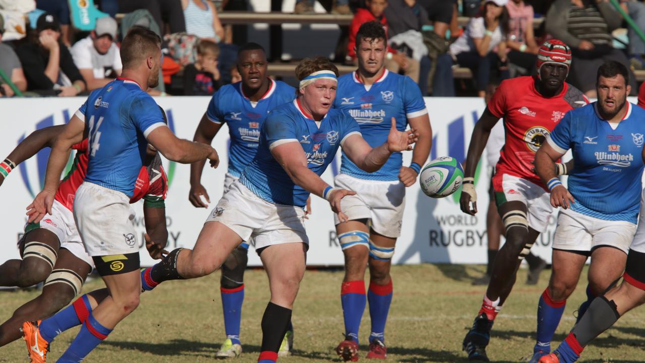 Namibia hooker Louis van der Westhuizen promotes the Gilbert at Hage Geingob Rugby Stadium.