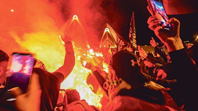 The infamous pro-Palestinian or anti-Israeli crowd descends on the Opera House. Picture: NCA NewsWire/Jeremy Piper