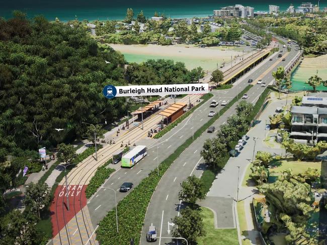 Artist impression of Gold Coast Light Rail Stage 4 from Burleigh Heads to the border Via Gold Coast Airport.