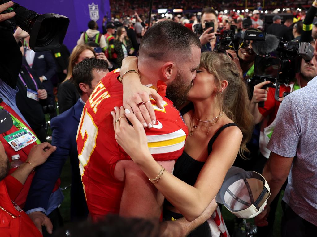 Super Bowl? What Super Bowl? This year’s sporting extravaganza was almost completely dominated by Swift-mania, thanks to her very public (and rather sweet) relationship with Kansas City Chiefs star Travis Kelce. After his team scored the victory, Swift rushed onto the field to plant a kiss on her beau - and create this iconic pop culture image. Picture: Ezra Shaw/Getty Images