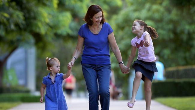 Premier Annastacia Palaszczuk with her nieces Lucy Jones age 2 and Annie Jones age 6. Pic Darren England.