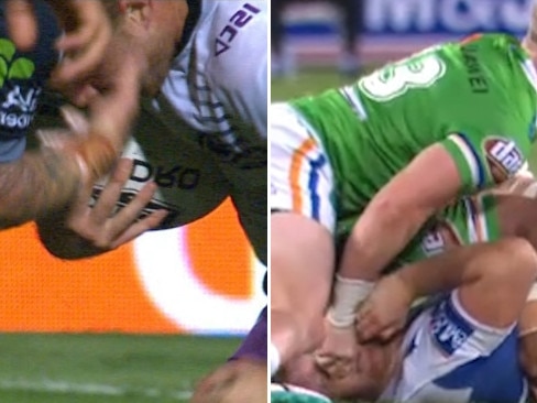 Josh McGuire (left) was only fined for his eye gouge on Cameron Munster while Hudson Young (right) will be sifleined for five weeks over his.