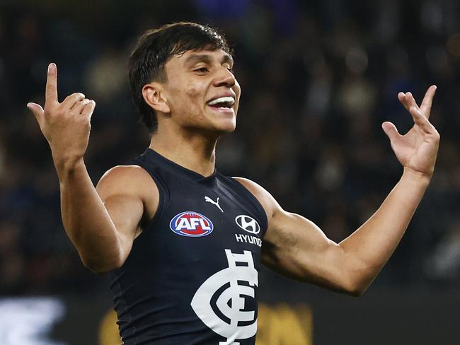 MELBOURNE, AUSTRALIA - JULY 15: Jesse Motlop of the Blues celebrates kicking a goal during the round 18 AFL match between Carlton Blues and Port Adelaide Power at Marvel Stadium, on July 15, 2023, in Melbourne, Australia. (Photo by Daniel Pockett/Getty Images)