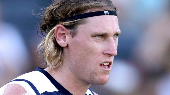 GEELONG, AUSTRALIA - FEBRUARY 23: Mark Blicavs of the Cats looks on during the AFL Match Simulation between Geelong Cats and Hawthorn Hawks at GMHBA Stadium on February 23, 2023 in Geelong, Australia. (Photo by Kelly Defina/Getty Images)