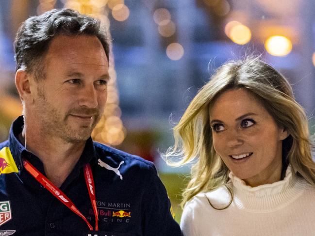 BAHRAIN, BAHRAIN - MARCH 29: Red Bull Racing Team Principal Christian Horner and his wife Geri walk in the Paddock after practice for the F1 Grand Prix of Bahrain at Bahrain International Circuit on March 29, 2019 in Bahrain, Bahrain. (Photo by Mark Thompson/Getty Images)