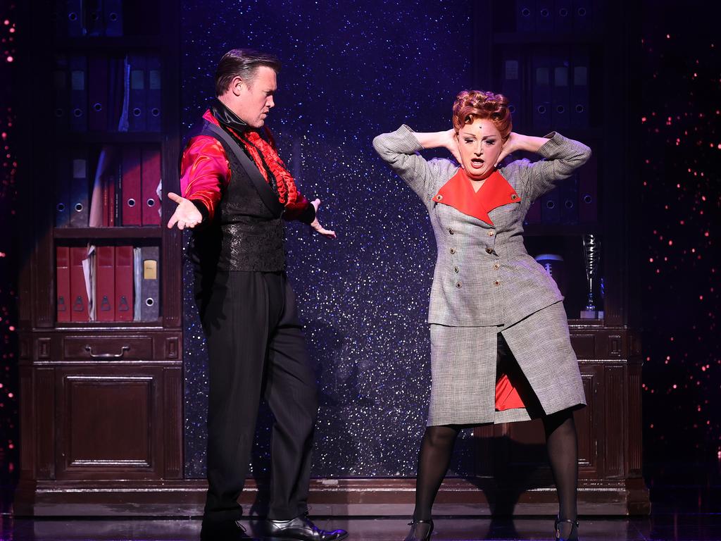 Eddie Perfect as Franklin Hart Jnr and Caroline O’Connor as Roz Keith, 9 TO 5 The Musical, QPAC, South Brisbane. Picture: Liam Kidston.