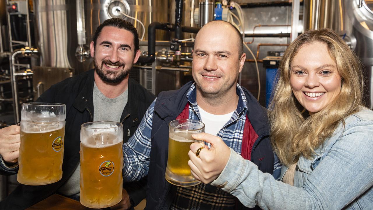 At Oktoberfest are (from left) Will Brown, Tim Brown and Abbey Godwin-Smith at The Brewhouse, Saturday, October 22, 2022. Picture: Kevin Farmer