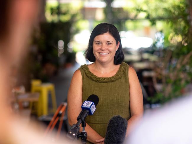 QR Codes are being launched to help business contact trace across the Territory. Health Minister Natasha Fyles demonstrates the functionality of the app at Rays, Darwin.Picture: Che Chorley