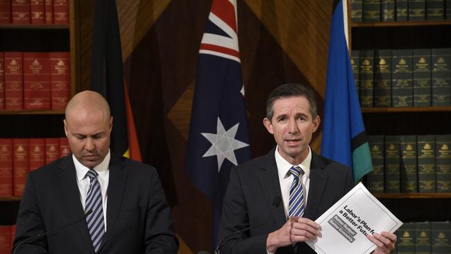 Treasurer Josh Frydenberg (left) and Finance Minister Simon Birmingham speak at a press conference in Melbourne on May 19 Picture: NCA NewsWire / Andrew Henshaw