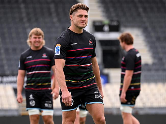 CHRISTCHURCH, NEW ZEALAND - FEBRUARY 13: James O'Connor looks on during a Crusaders Super Rugby captain's run at Apollo Projects Stadium on February 13, 2025 in Christchurch, New Zealand. (Photo by Joe Allison/Getty Images)