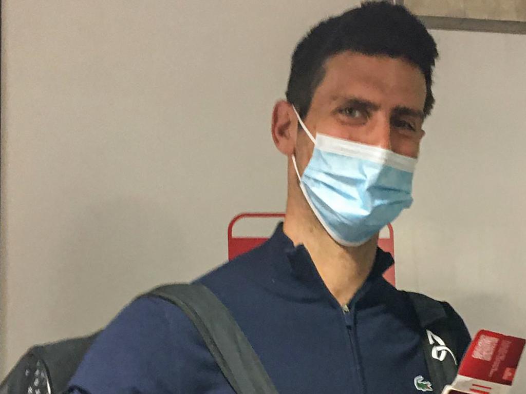 Djokovic at Dubai airport after being deported from Australia. Picture: AFP