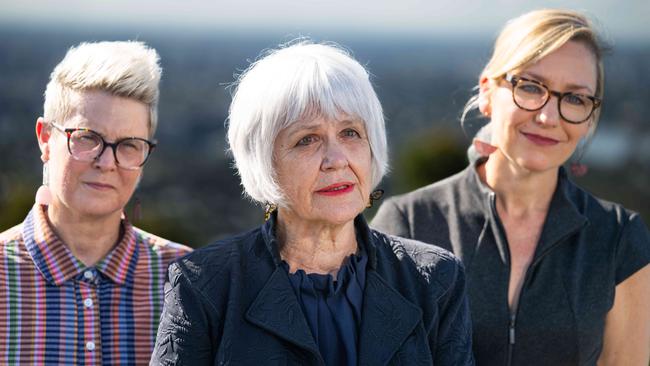 Senator Penny Allman-Payne (left), Ryan MP Elizabeth Watson-Brown and senator Larissa Waters (right), as the Greens claimed victory in Ryan on Tuesday. Picture: Dan Peled/NewsWire