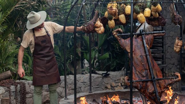 ** Please DO NOT USE. ON HOLD  (Sept 2024) ** :  Charles-Etienne Pretet, also known as Charly Pretet, 38, of Noosaville-based Terra Firma Dining, cooks using open fire cooking inspired by the traditional Argentinian method of Asado at the Shelter Pererenan restaurant in Pererenan, Bali on March 20, 2024. Mr Pretet helped open the restaurant's new dedicated open fire cooking space. Picture: Valeria Ramirez ** Please DO NOT USE. ON HOLD (Sept 2024) **