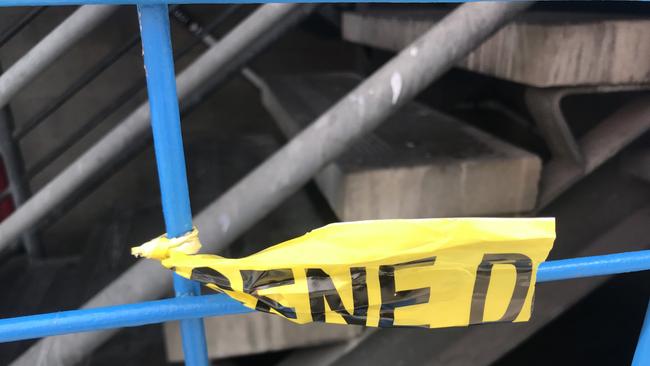 Crime-scene tape outside the Plaza Hotel carpark on Hindley Street, where the gang rape took place. Picture: Shashi Baltutis