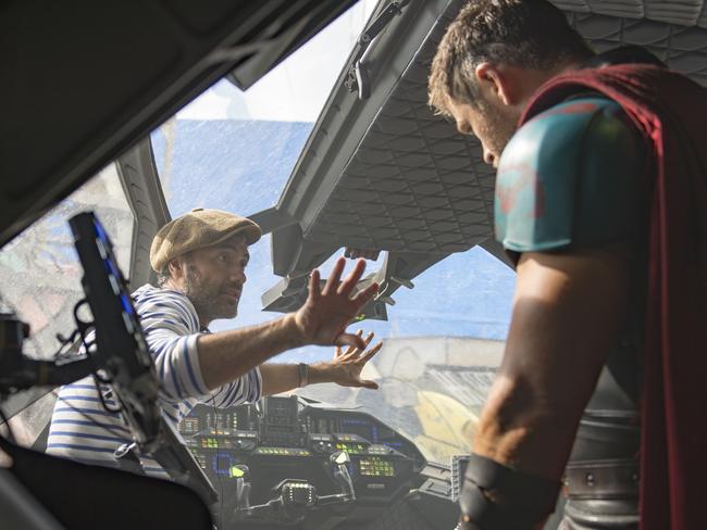 Director Taika Waititi (left) directing Chris Hemsworth on the Queensland set of Thor: Ragnarok. Picture: Jasin Boland/Marvel/Disney