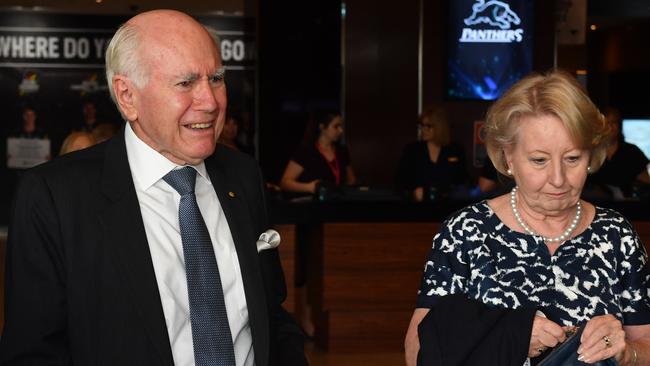 John Howard and wife Jeanette arrive for the NSW Liberal campaign launch at Penrith Panthers Leagues Club. Picture: AAP