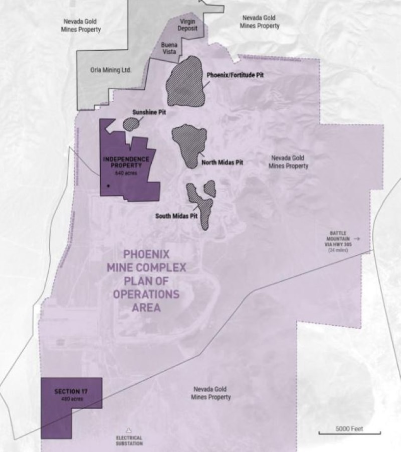 The Independence project surrounded by the Phoenix operation. Source: James Bay Minerals.