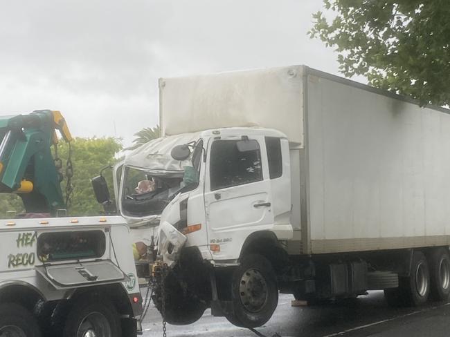 The driver of a Corolla died at the scene after being hit by a stolen truck on Ballarat road in Footscray Picture: Amelia Swan