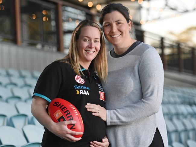 5/9/23. Port Adelaide AFLW coach Lauren Arnell and partner Lexi Edwards at Alberton - Lauren is 21 weeks and the first AFLW coach to be pregnant and coach at the same time. Picture: Keryn Stevens